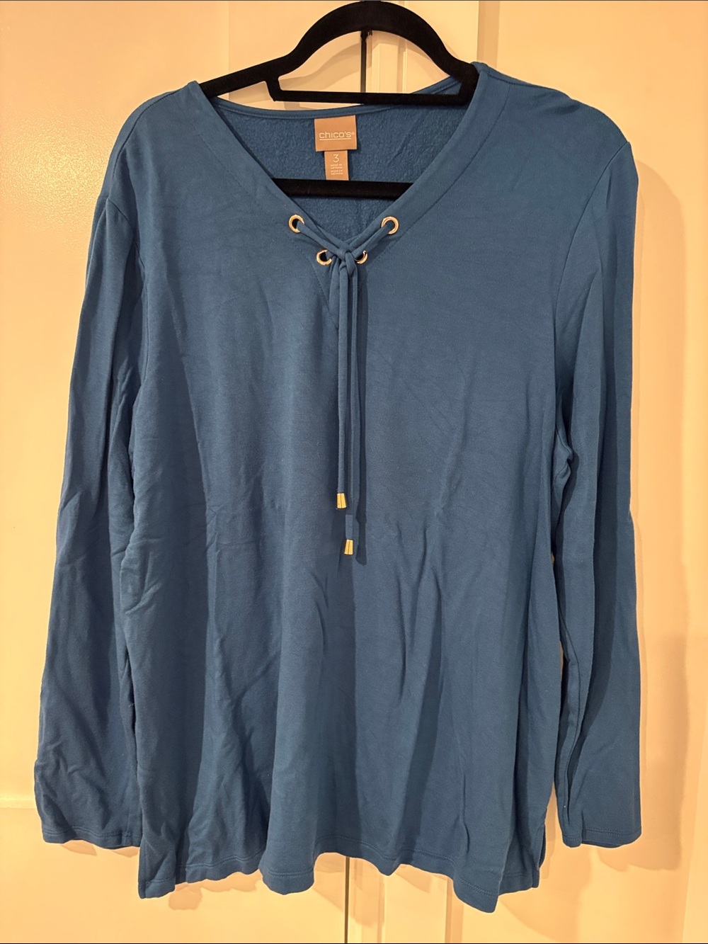Chico's Woman’s Teal-Blue Lace-Up V-Neck Long Sleeve Tee Size XL